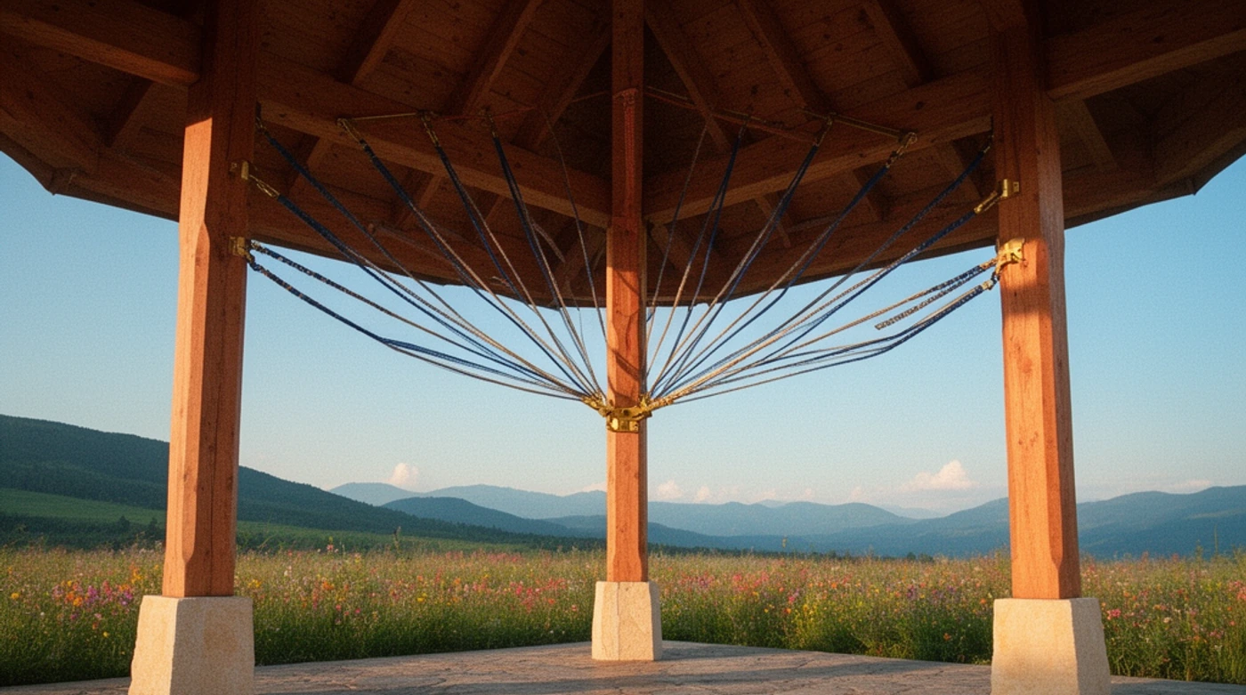 Conceptual illustration of a timber roof redistributing taut support cables from one overloaded central beam to several capable surrounding columns.
