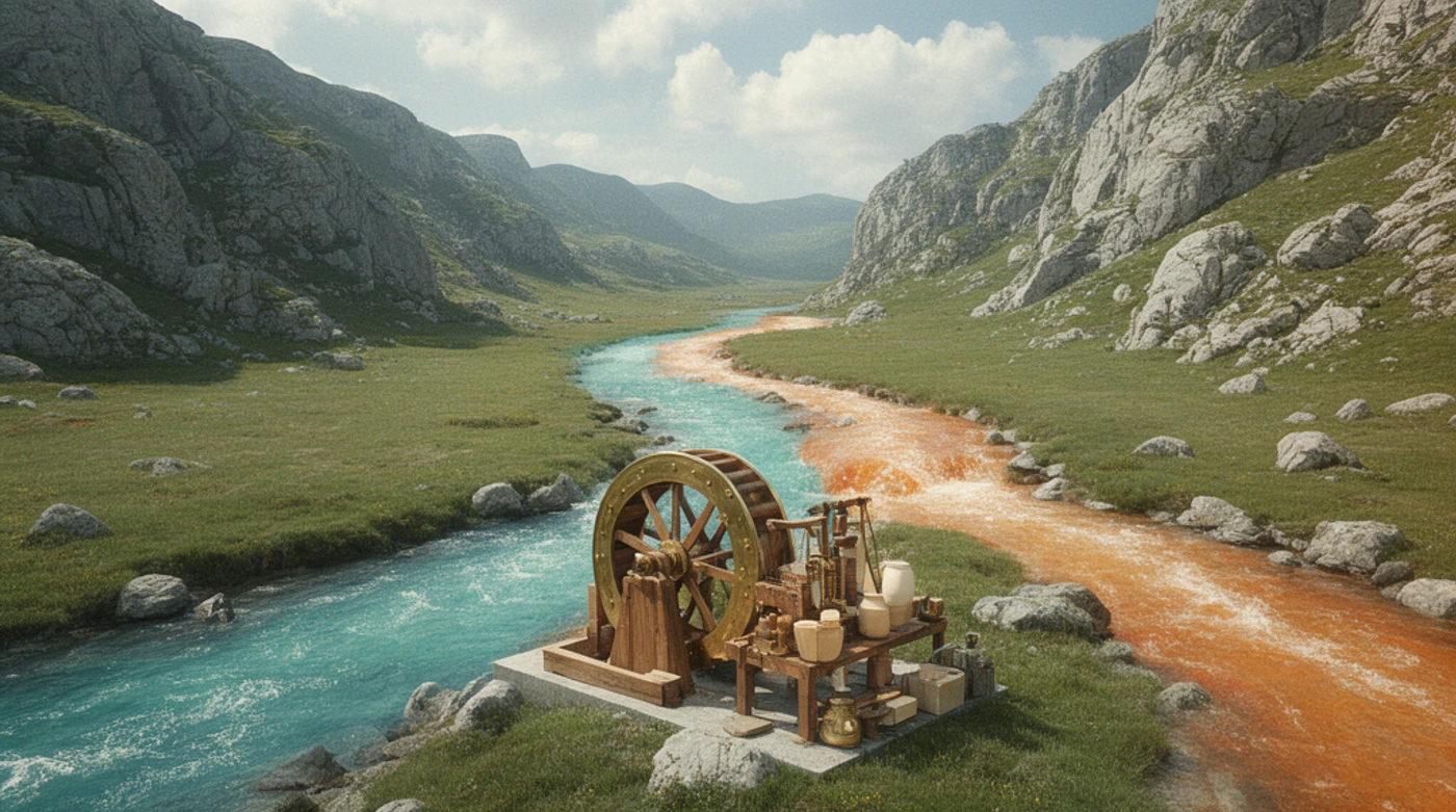 Conceptual illustration of two differently colored rivers converging to power one precise waterwheel, showing how distinct internal forces can produce the same visible effort.