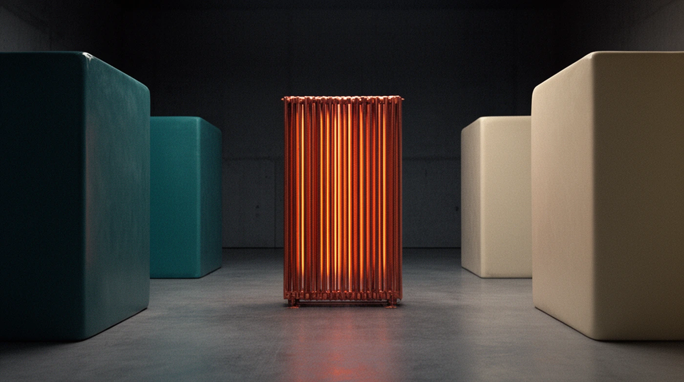 Conceptual illustration of a finned copper radiator still glowing in an empty thermal hall after the surrounding ceramic masses have cooled.