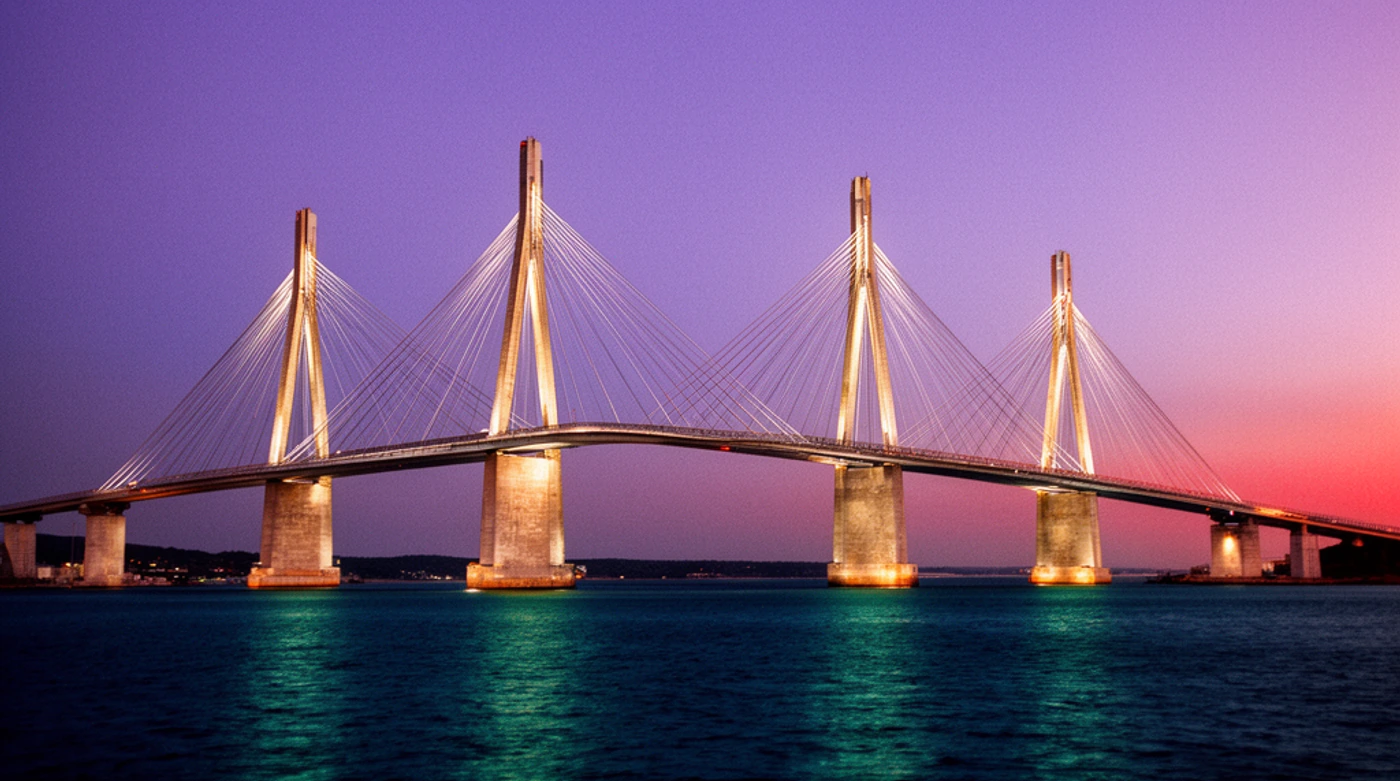 Conceptual illustration of several bridge towers and cables sharing the weight of one illuminated span across dark water.