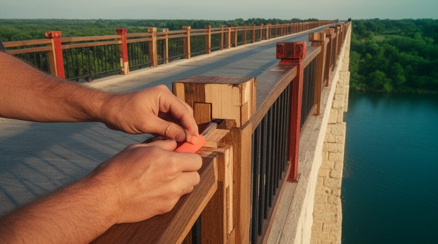 Conceptual illustration of hands replacing one misaligned wooden joint in a long working bridge while older repaired joints remain visible.