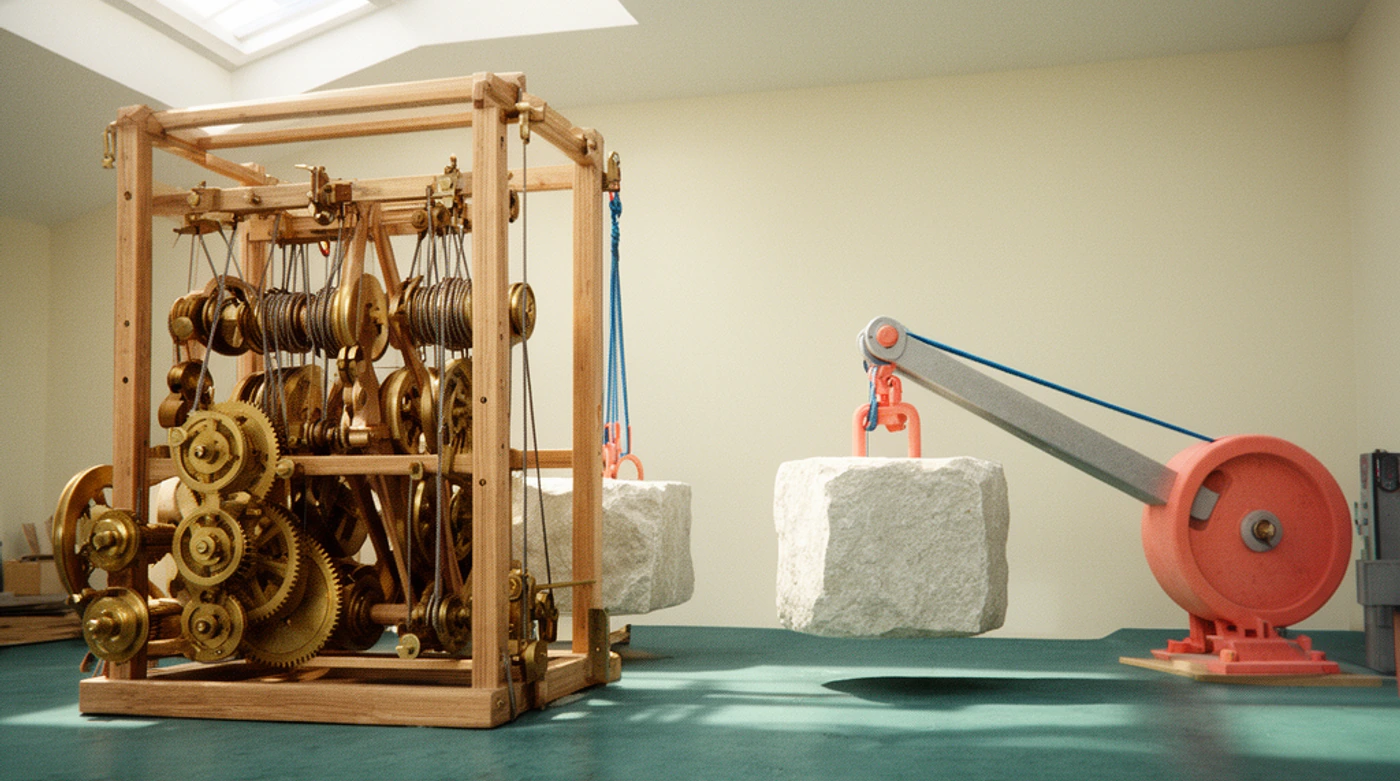 Conceptual illustration of an elaborate brass mechanism and a spare mechanism operating identical balanced lifts in a bright workshop.