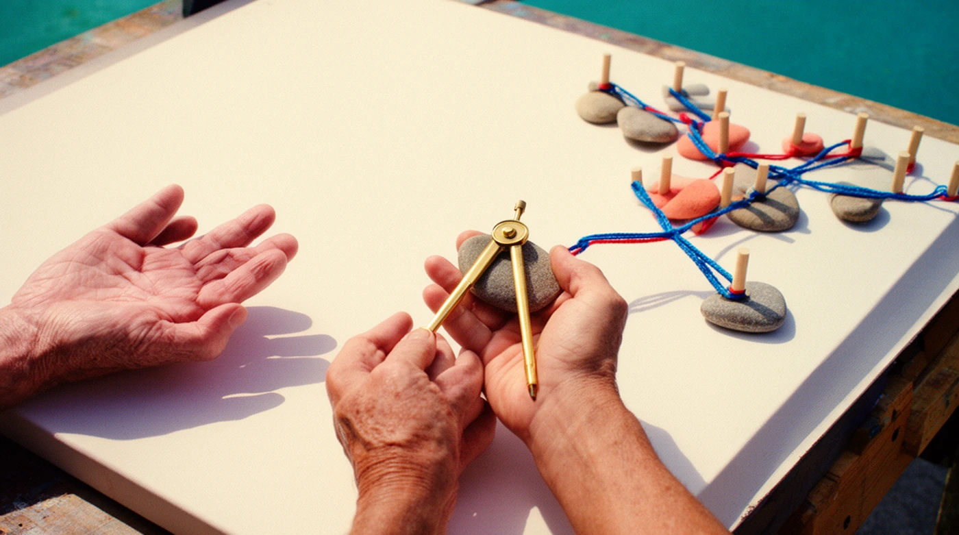 Conceptual illustration of two sets of hands sharing a mechanical compass over an unfinished route while the guiding hands withdraw.