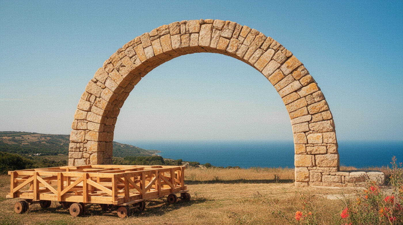 Conceptual illustration of a finished stone arch standing securely while its wooden construction frame is rolled away.