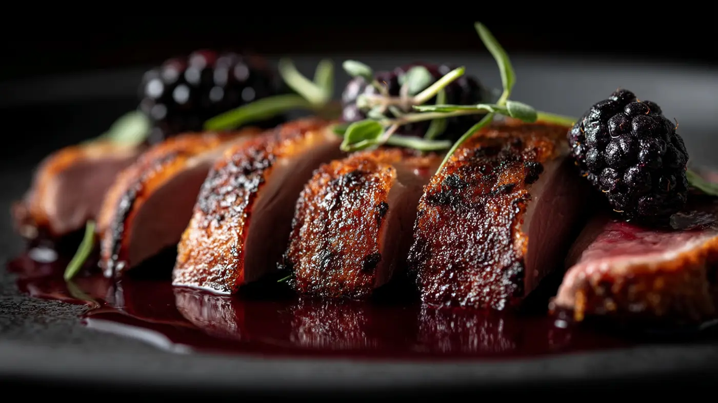 Burnt Orange & Lavender Duck Breast with Blackberry Reduction
