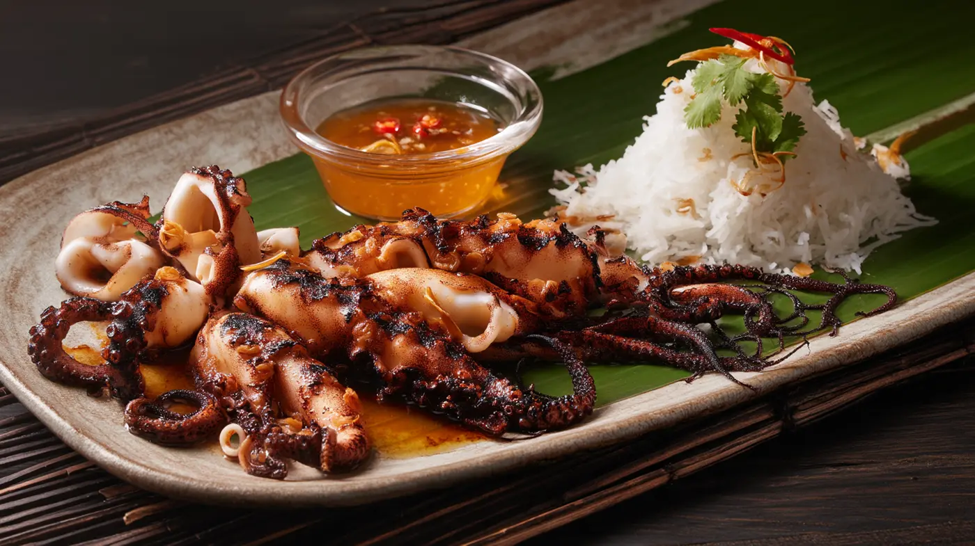 Charred Pusit with Burnt Chili-Garlic Oil and Toyo-Calamansi Dip