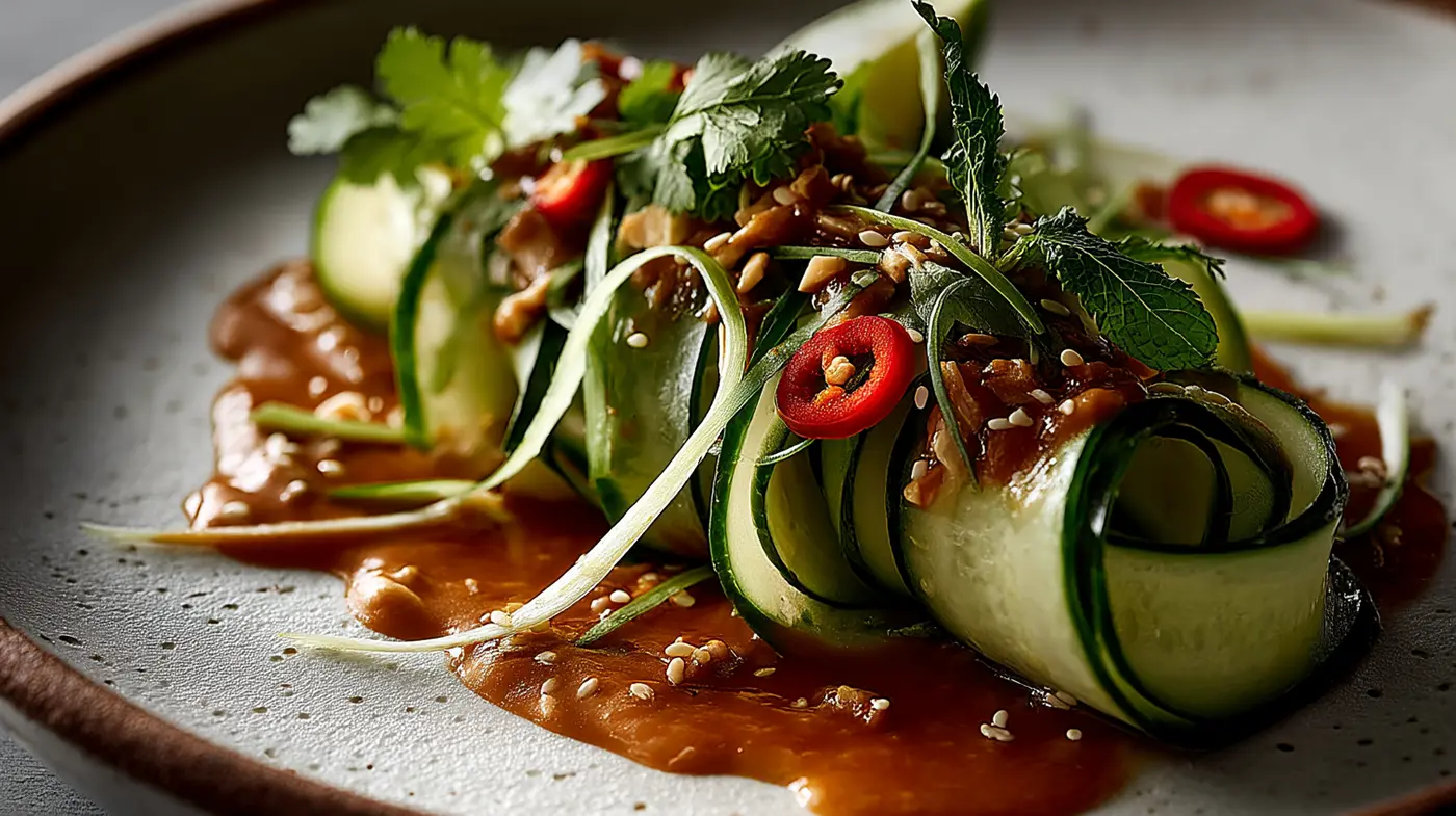 Chilled Cucumber Ribbons with Spicy Peanut Sauce