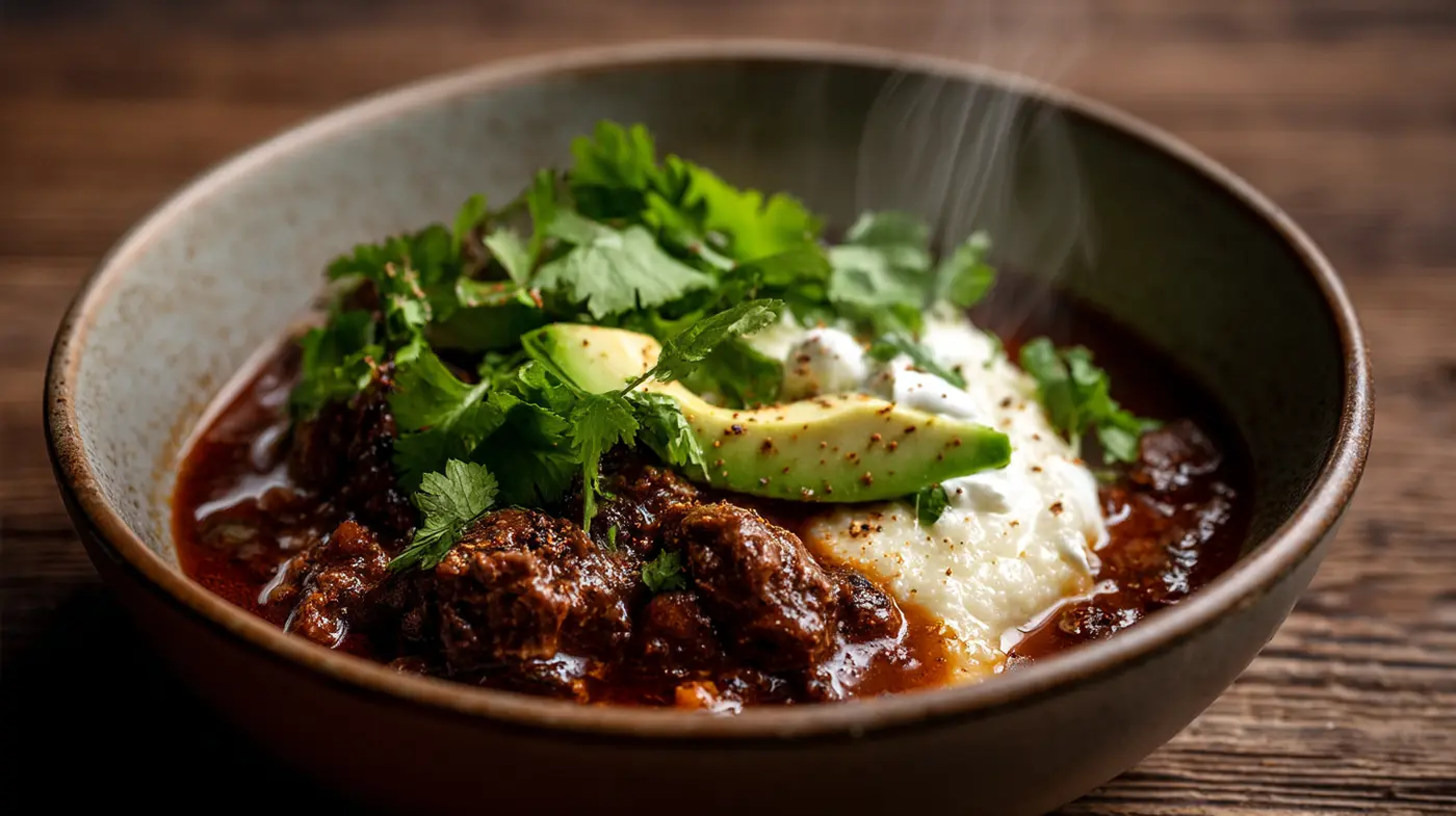 Cocoa-Ancho Beef Chili over Charred Cauli-Grits