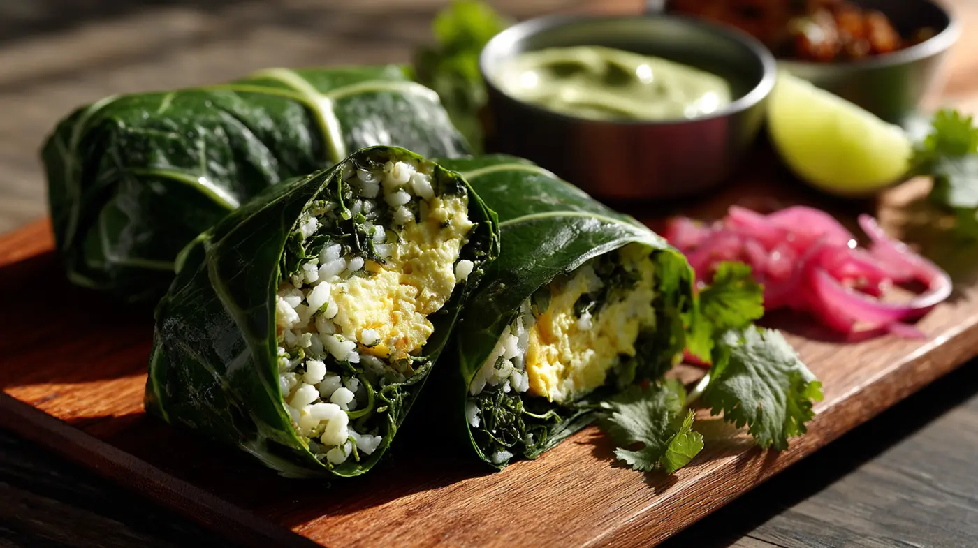 Collard-Wrapped Eggs with Coconut Cauliflower Rice and Avocado-Jalapeño Sauce