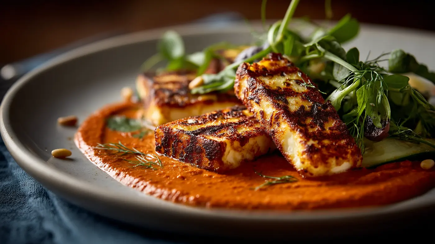 Crispy Halloumi with Roasted Red Pepper Sauce and Herb Salad