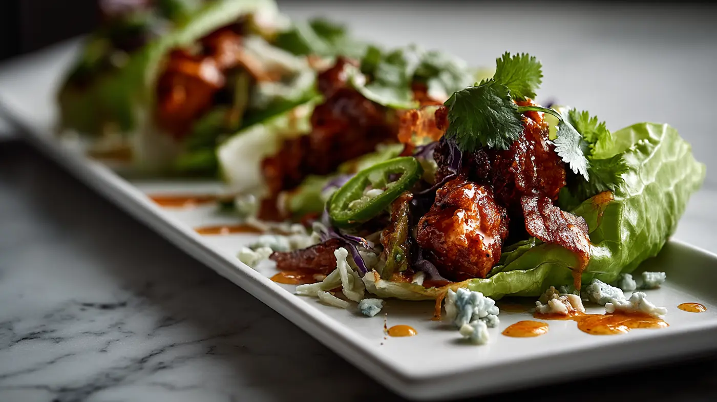 Deluxe Buffalo Chicken Lettuce Wraps with Blue Cheese Slaw
