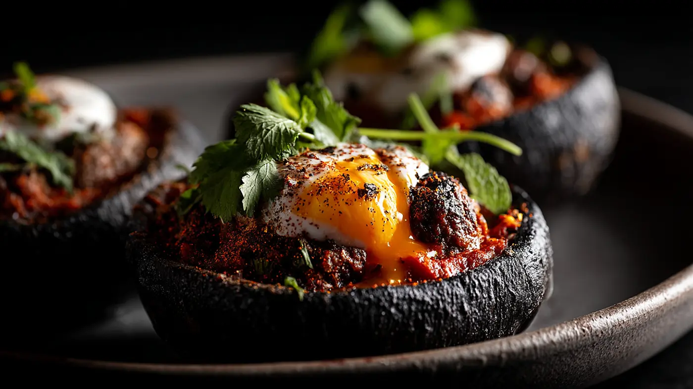 Dubai Gold Kofta Shakshuka in Roasted Eggplant Vessels