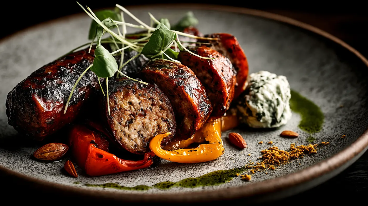 Fennel Pollen Sausage with Caramelized Peppers and Smoked Labneh