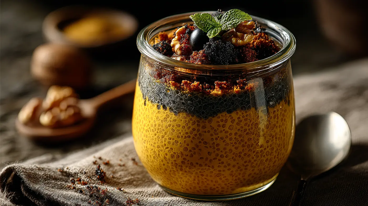 Golden Chai Chia Pudding with Black Garlic Crumble