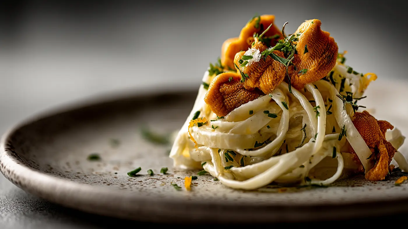 Golden Gate Uni Carbonara on Hearts of Palm Ribbons