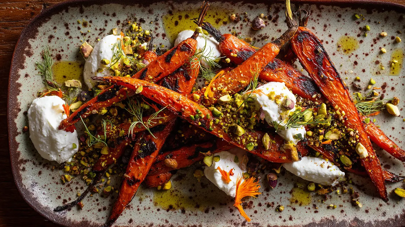 Harissa-Roasted Carrot "Steaks" with Labneh-Pistachio Gremolata
