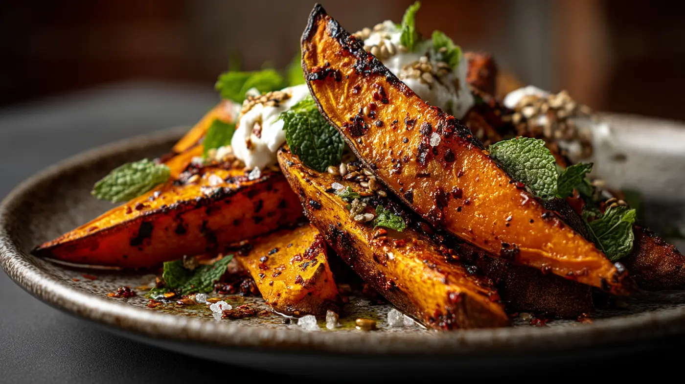Harissa-Roasted Sweet Potato Wedges with Cooling Crème Fraîche