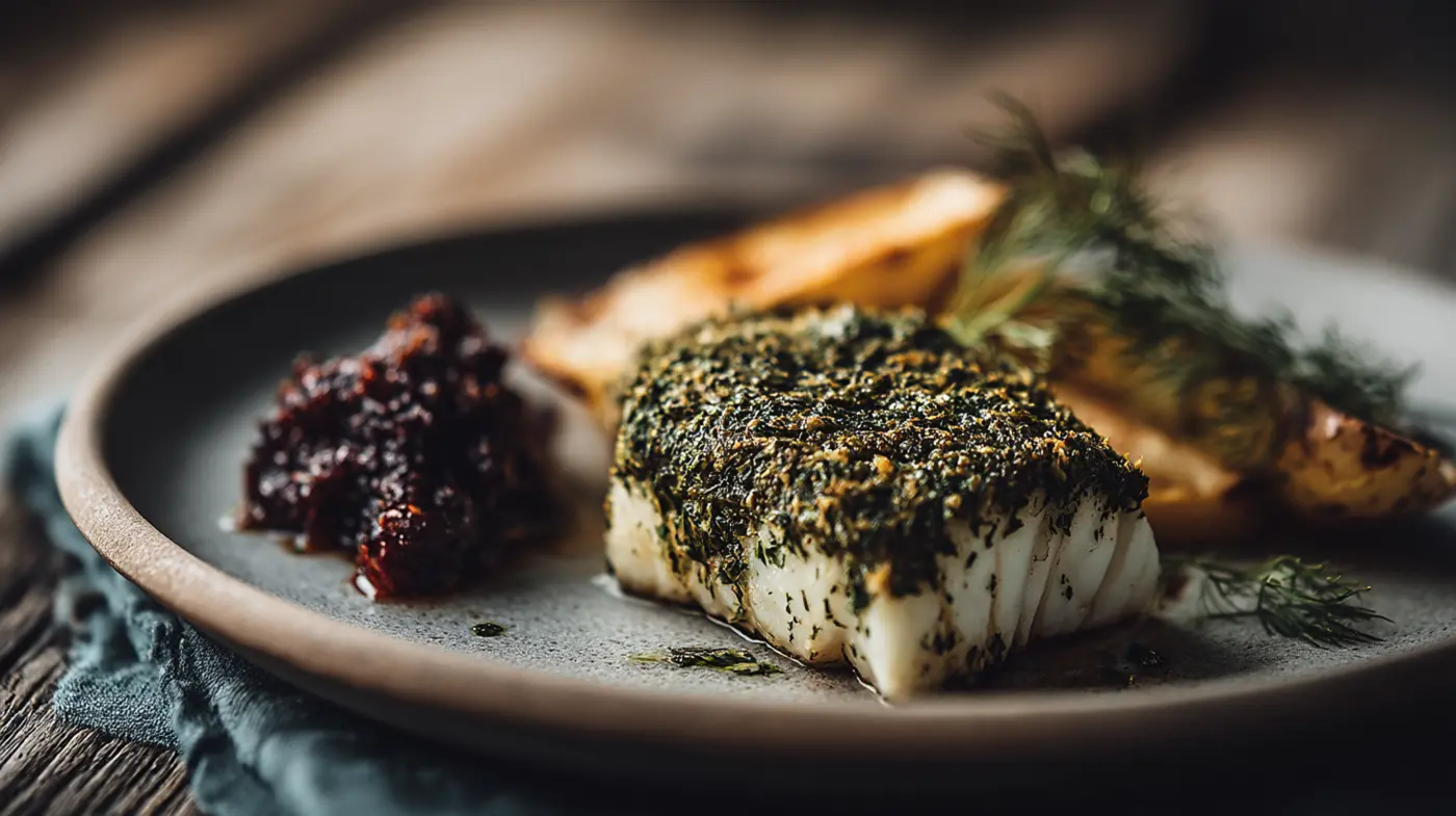 Herb-Crusted Baked Cod with Olive Tapenade and Braised Fennel