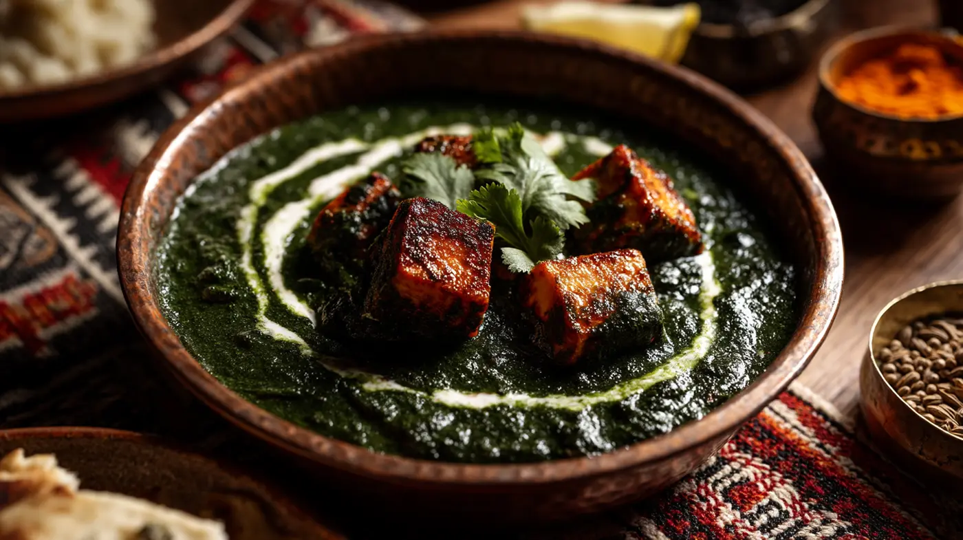 Indian Palak Tofu with Cumin-Scented Cauliflower Mash