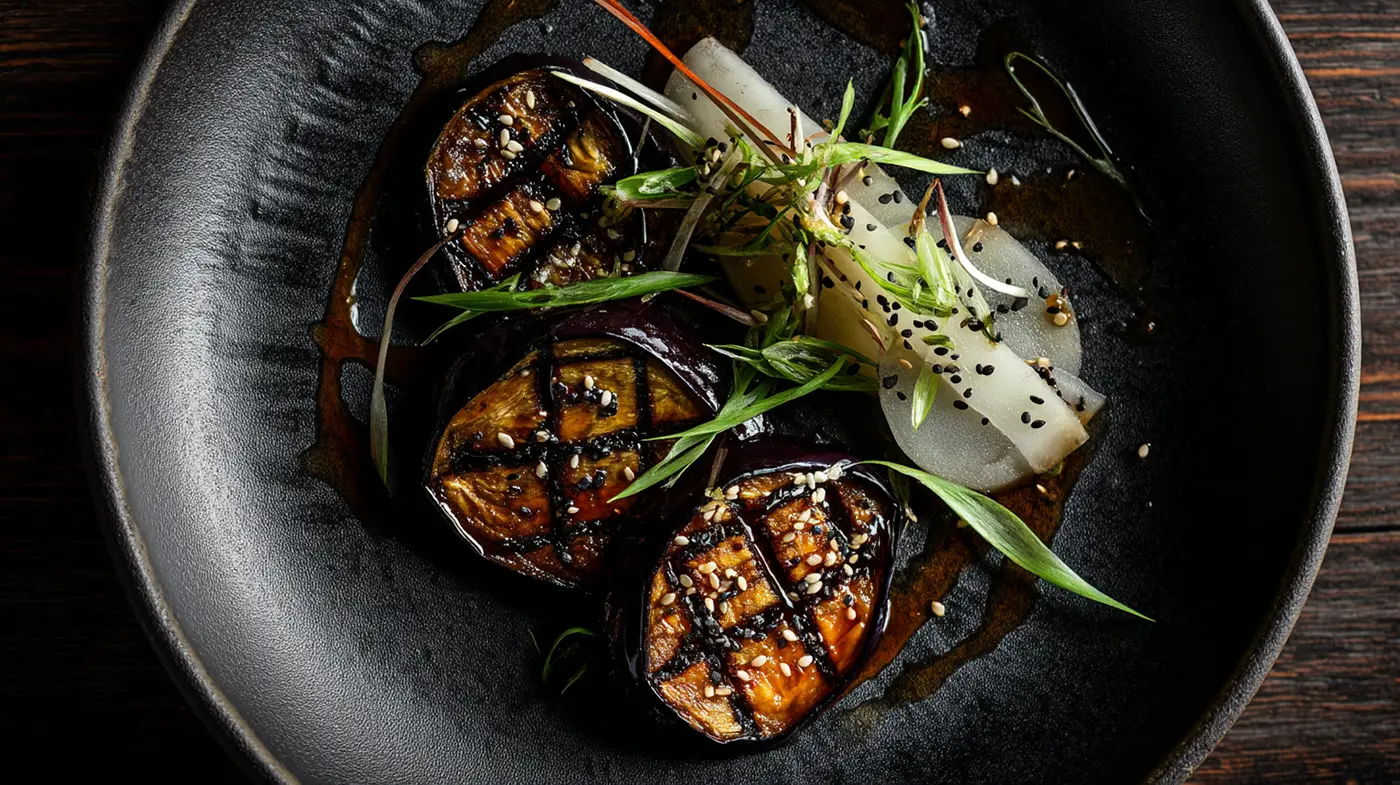 Japanese Roasted Miso Eggplant with Pickled Daikon