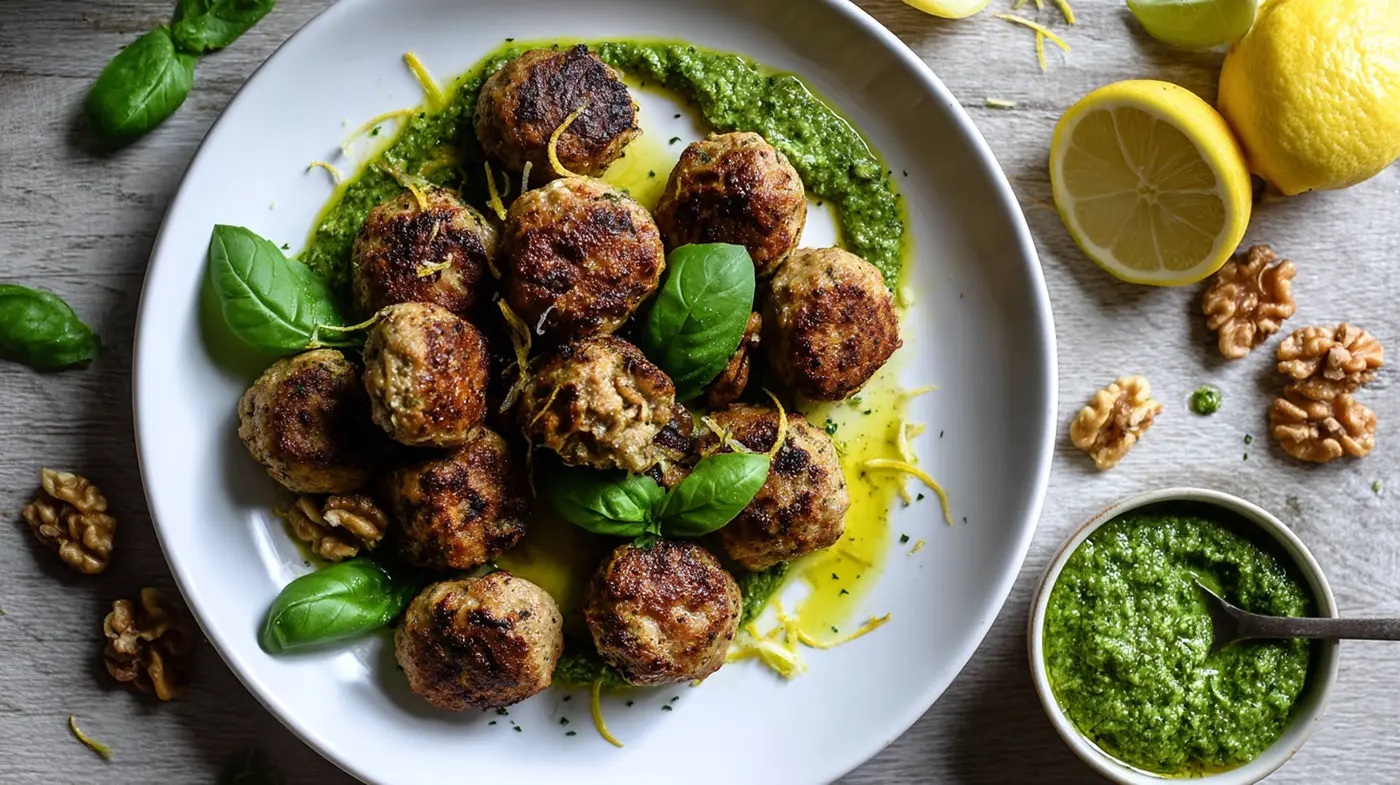 Lemon-Herb Turkey Meatballs with Zuke-Walnut Pesto