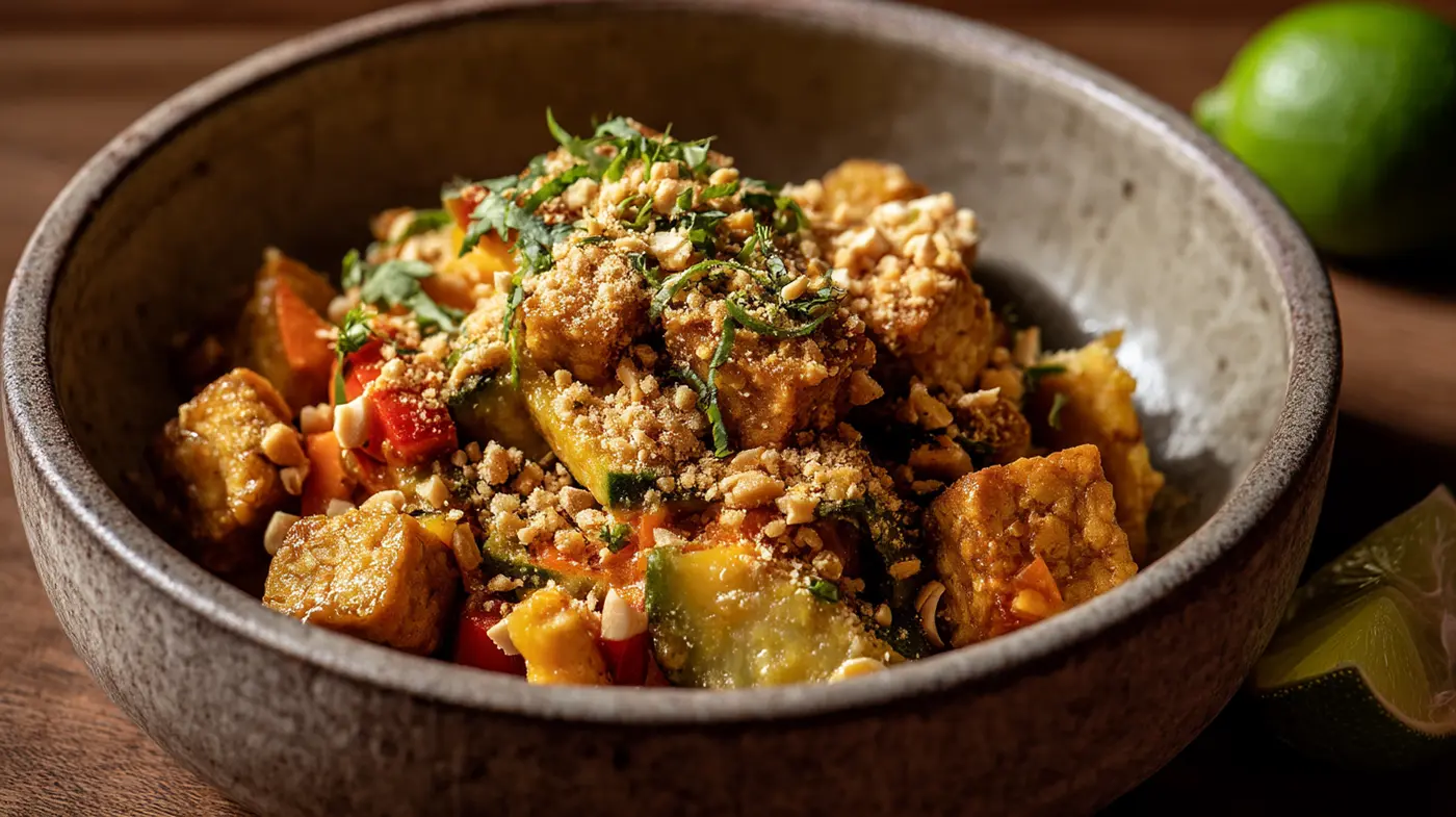 Mango Lime Tempeh Stir-Fry with Cashew Crumble