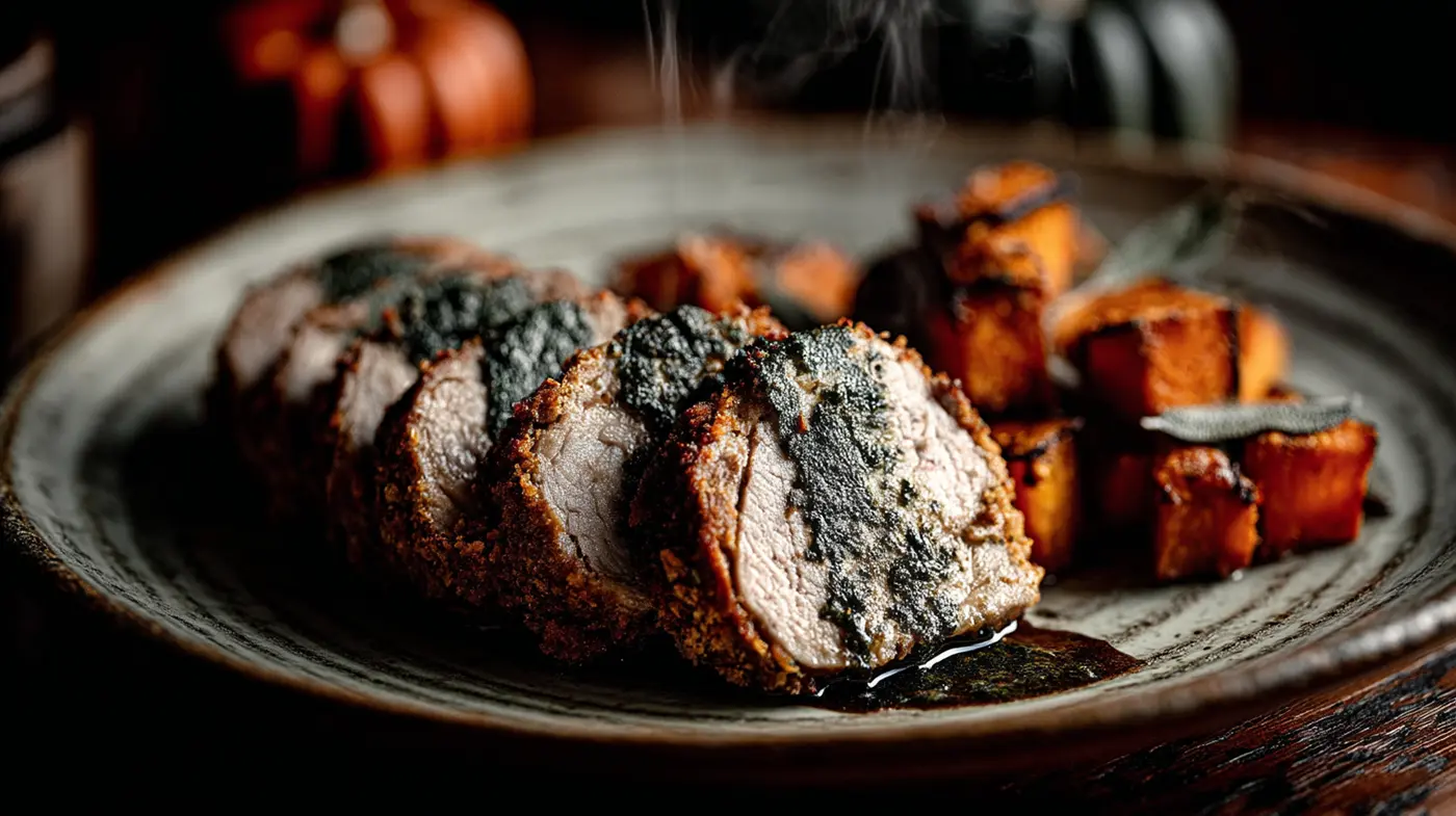 Maple-Sage Roasted Squash with Pecan-Crusted Pork