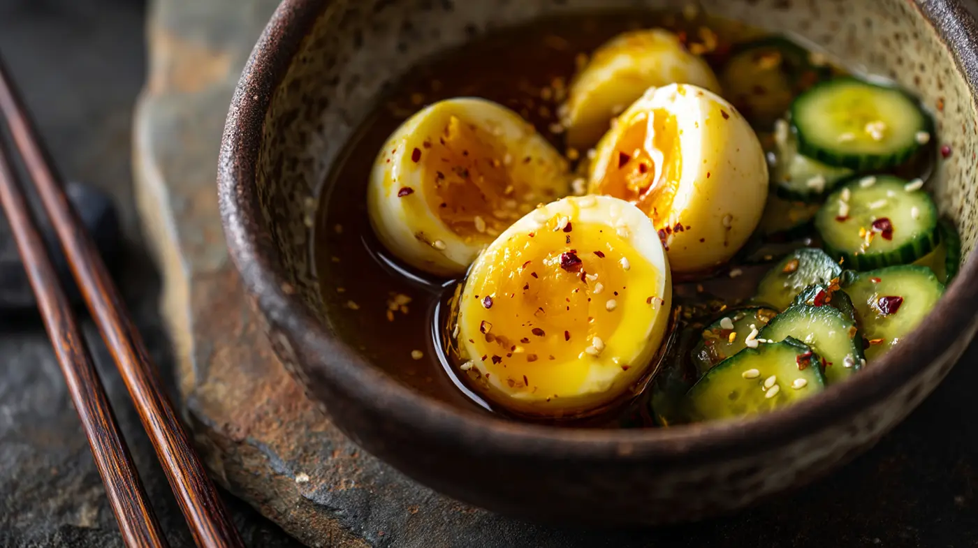Mayak Eggs with Sesame Cucumber Salad