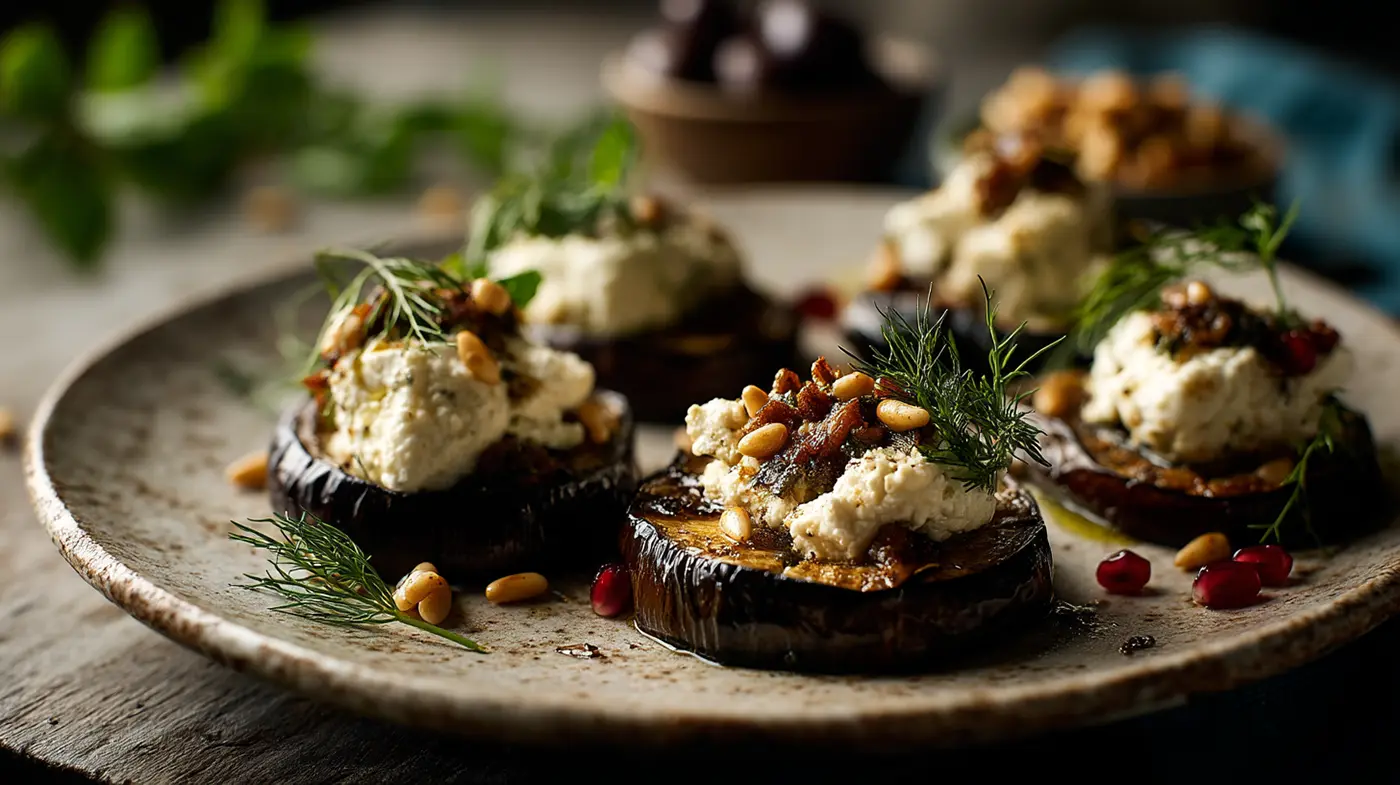 Mediterranean Baked Eggplant with Whipped Feta and Pine Nuts