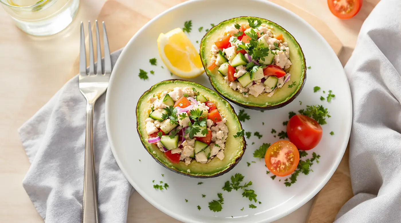 Mediterranean Tuna Salad Stuffed Avocados