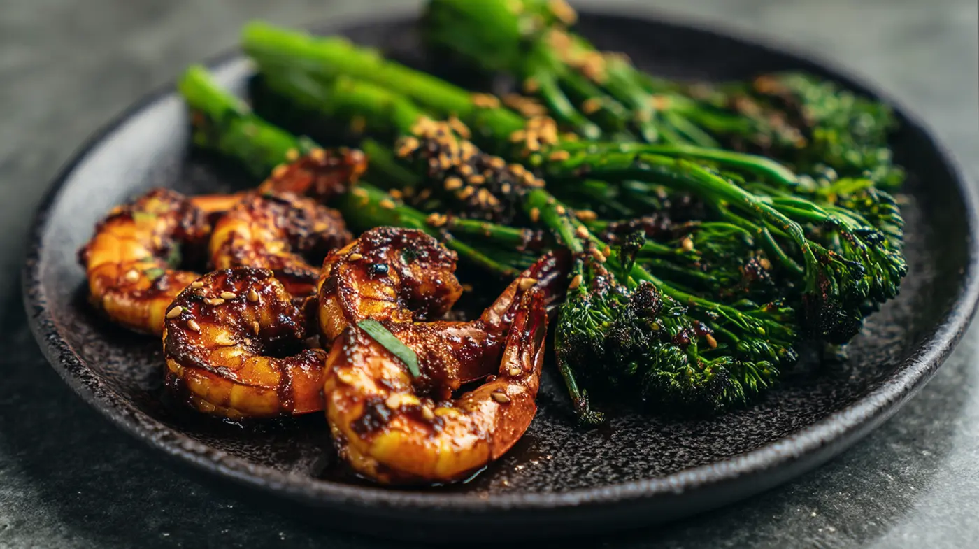 Miso-Tamarind Shrimp on Charred Broccolini