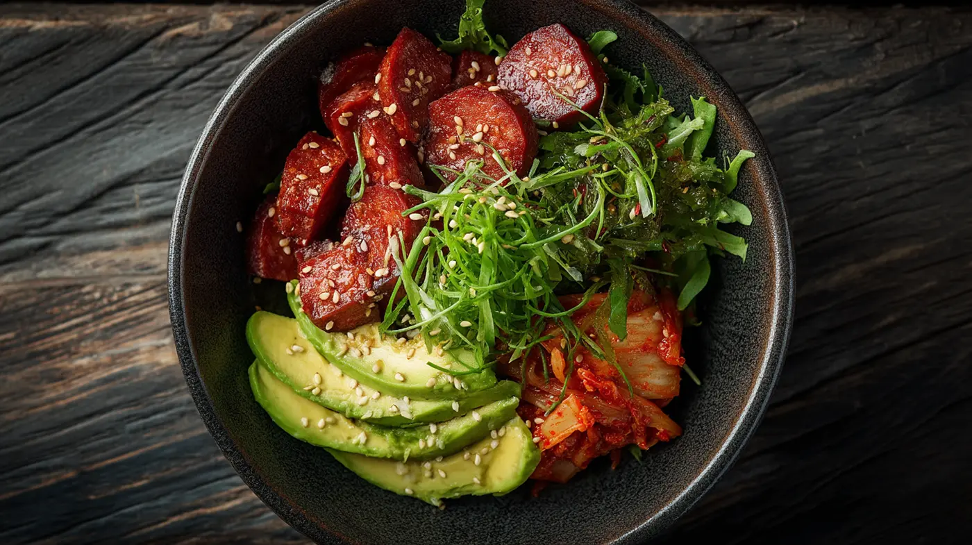 Pan-Fried Spam with Avocado & Kimchi Bowl