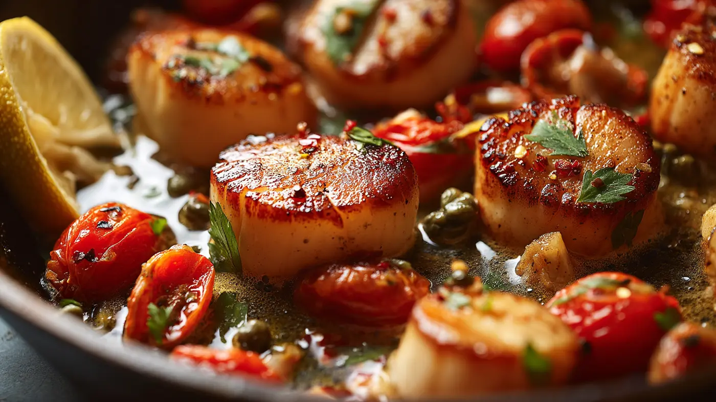 Pan-Seared Scallops with Burst Tomatoes, Capers, and Garlic