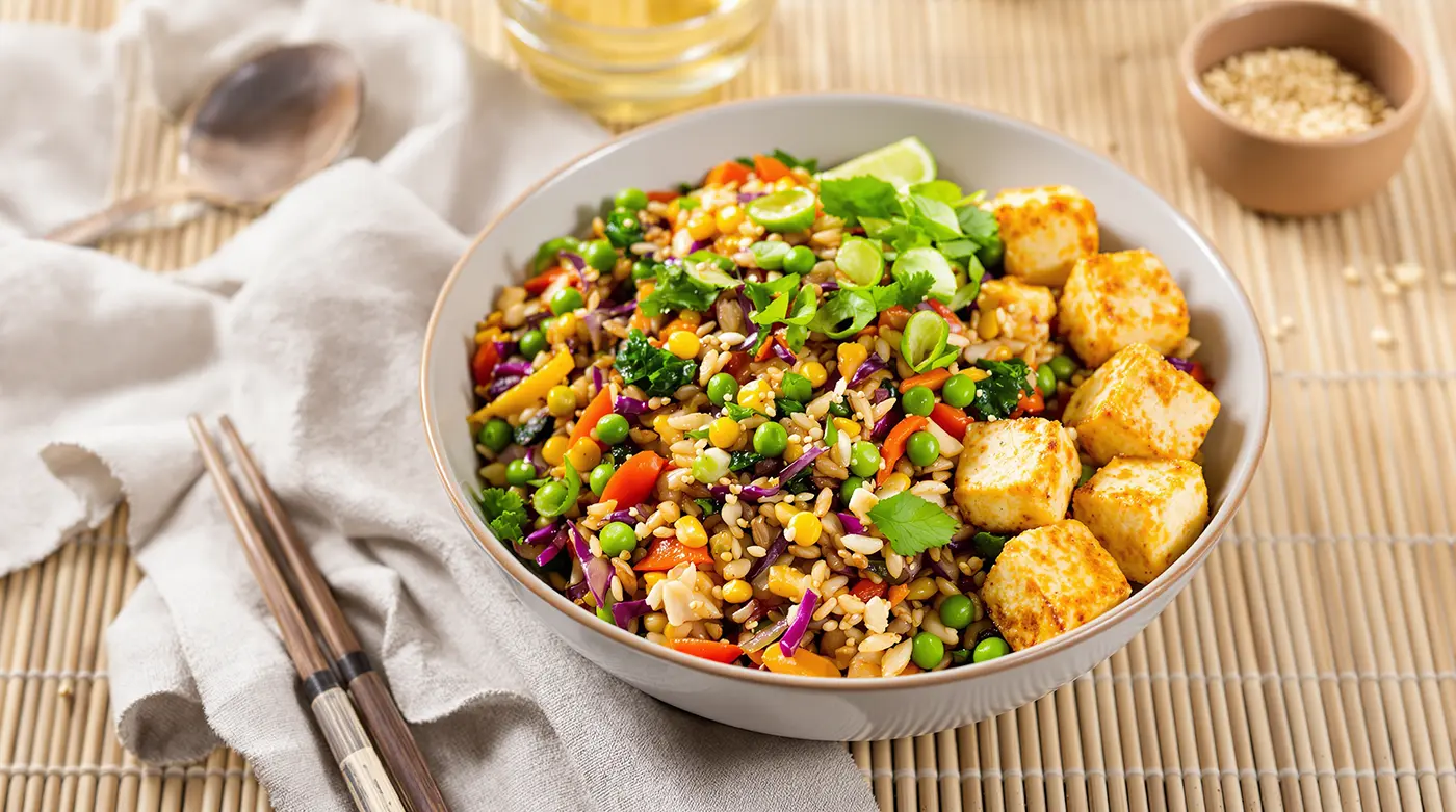 Rainbow Tempeh Fried Rice with Sweet & Sour Tofu