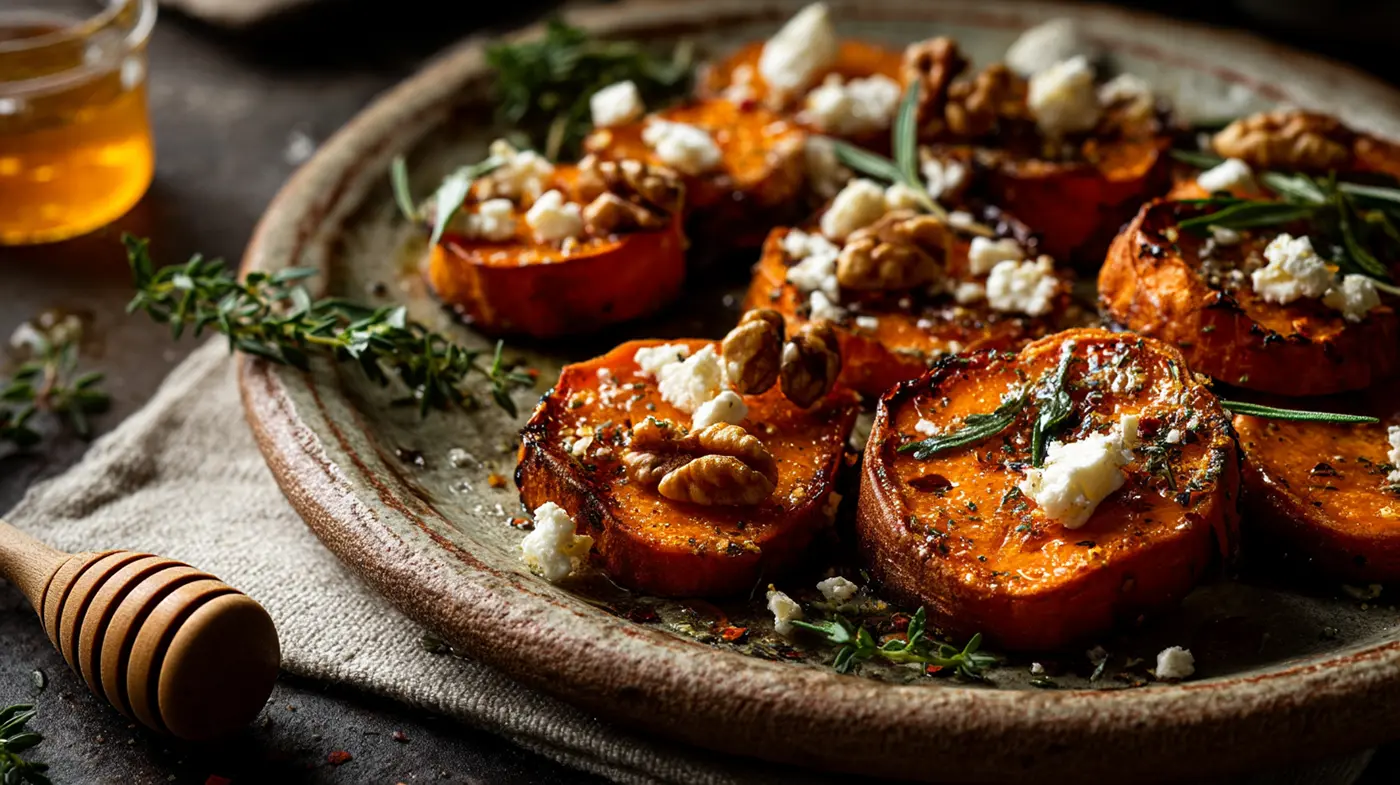 Roasted Sweet Potato Rounds with Honey and Feta