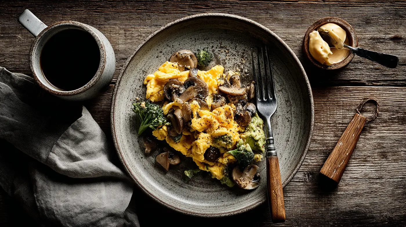 Scrambled Eggs with Sautéed Mushrooms, Broccoli & Avocado