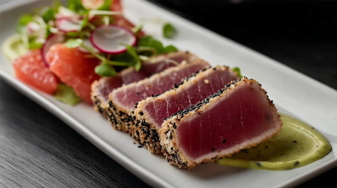 Sesame-Crusted Tuna with Wasabi-Avocado Crème & Radish Citrus Salad