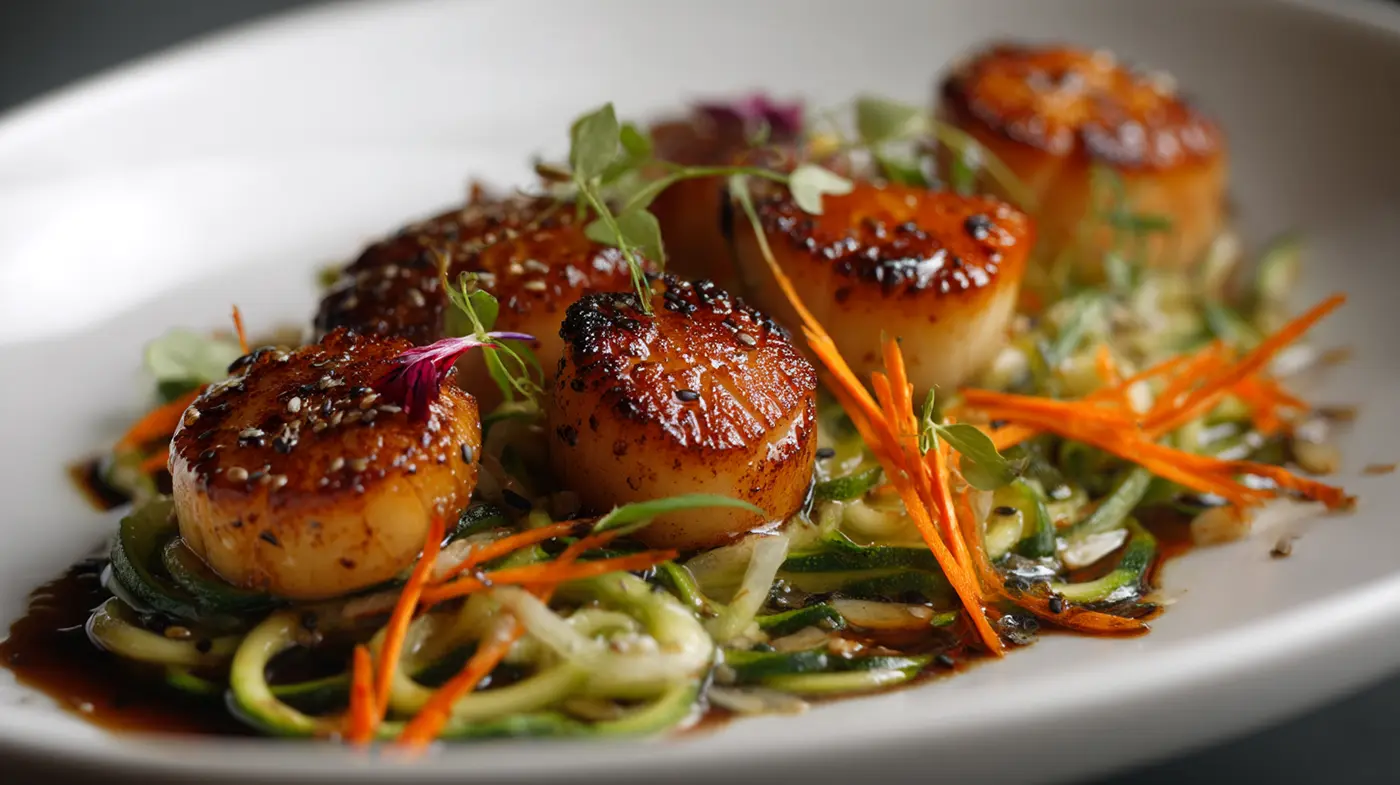 Sesame-Ginger Scallops on Cucumber Noodle Salad