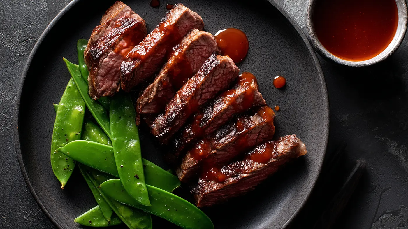 Steak, Wasabi Snap Peas & Miso-Gochu Glaze