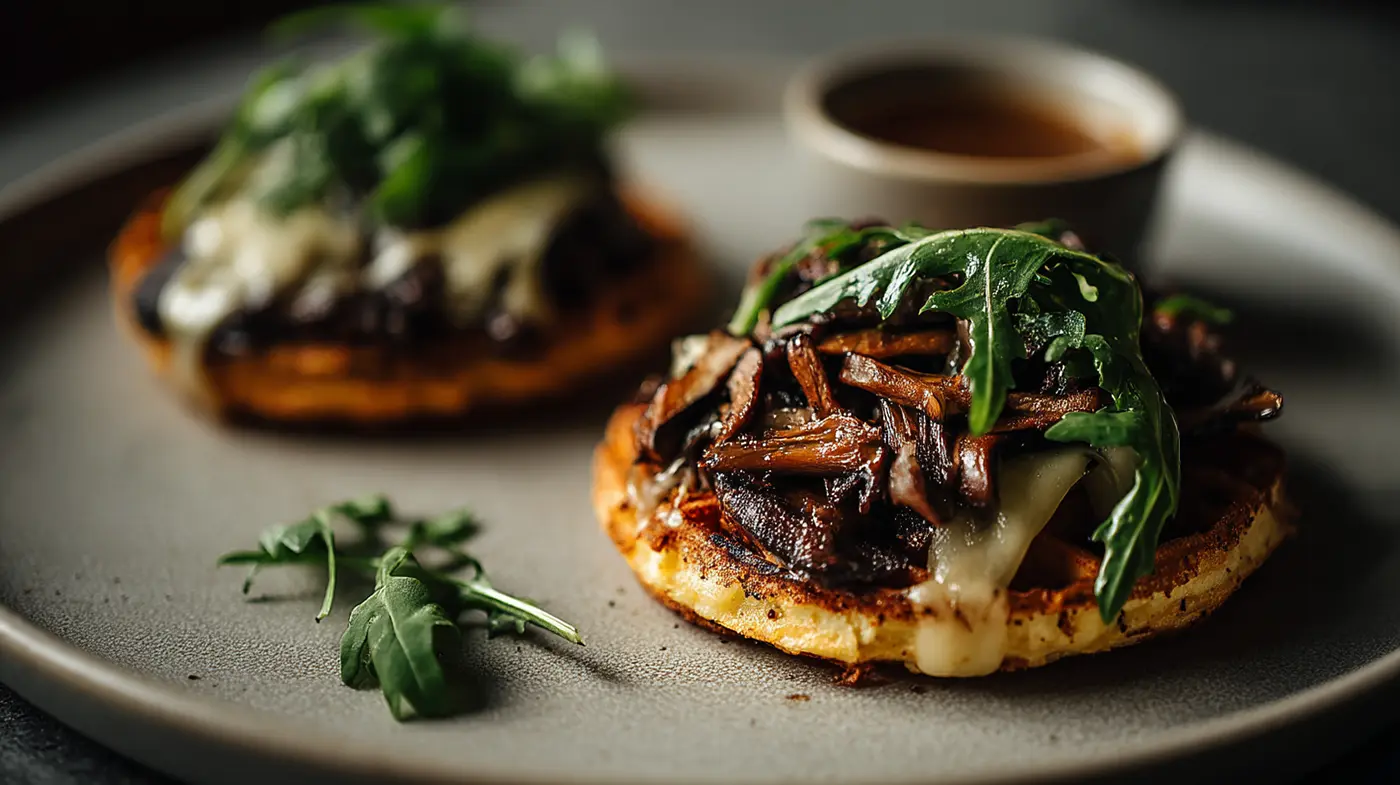Swiss Mushroom Melt with Miso-Caramel Onions on Cauliflower Waffles