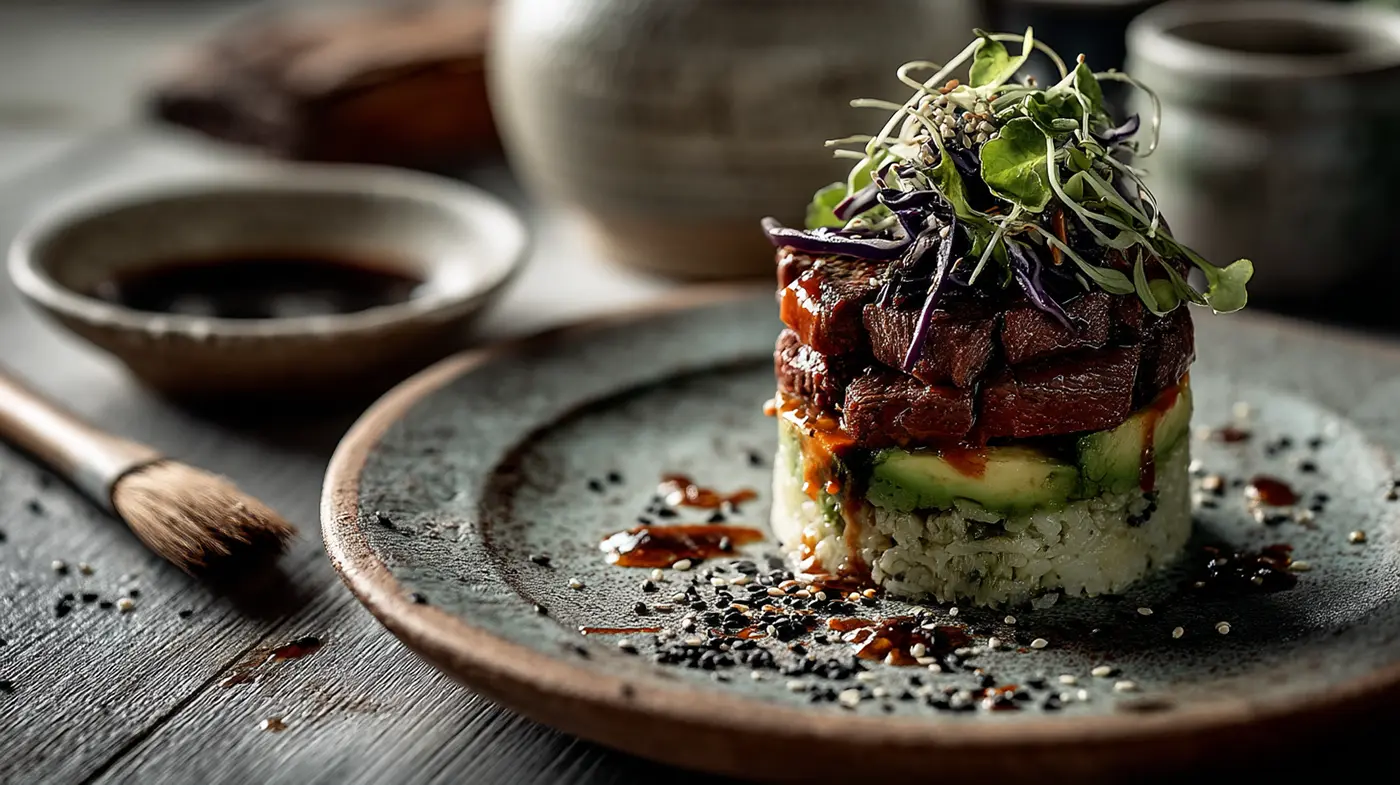 Teriyaki Beef and Avocado Rice Stack