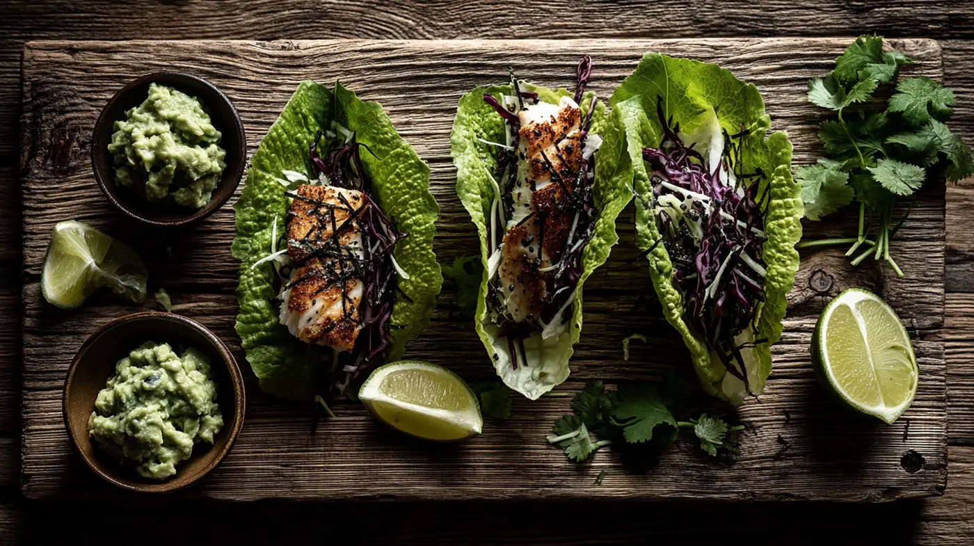 Wasabi Guacamole Fish Tacos with Yuzu Slaw